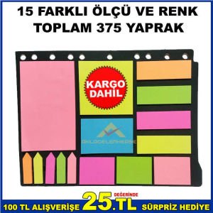 15 FARKLI ÖLÇÜ VE RENKLERDE 375 YAPRAKLI KENDİNDEN YAPIŞKANLI KAĞIT POST-IT