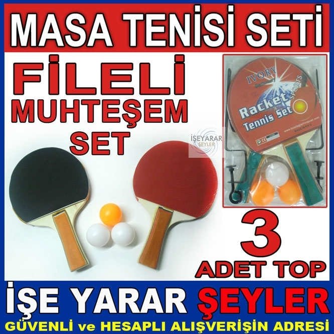FİLELİ DEMİRLİ MASA TENİS SETİ 2AHŞAP RAKET 3TOP