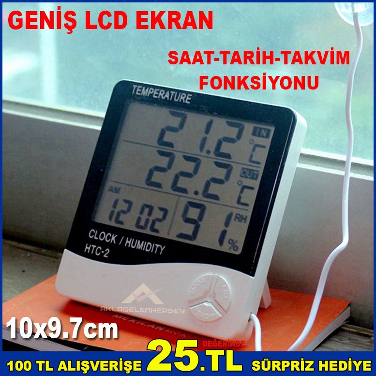 İç Ve Dış Mekan Isıyla Nem Ölçer Dijital Termometre Çok Fonksiyonlu Geniş Ekran Saat,Tarih-Takvimli