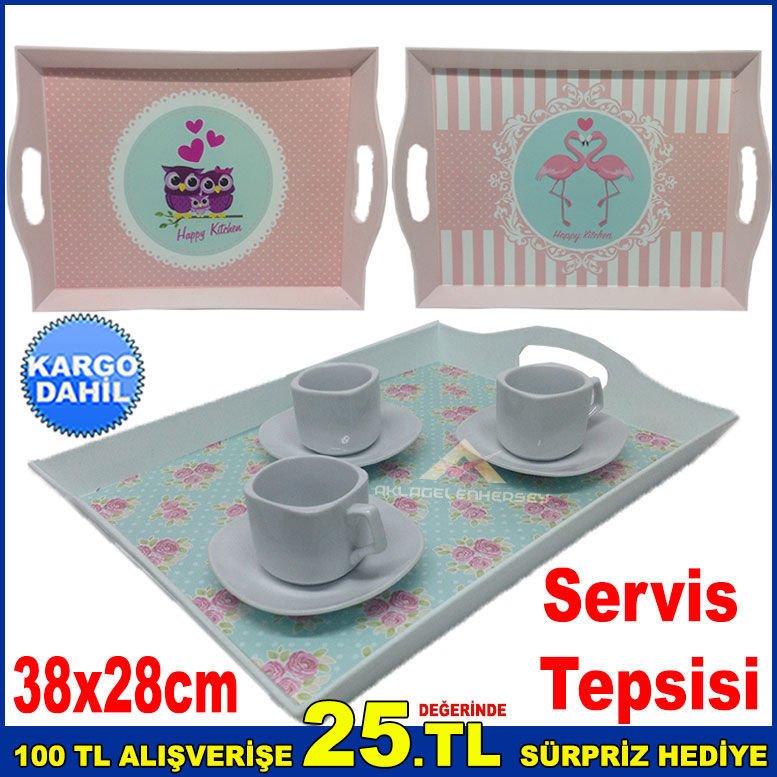 Desenli Dikdörtgen Servis Tepsisi 38x28cm Ebatında Tepsi Şık Tasarım Plastik Sunum Tepsisi