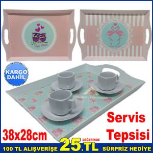 Desenli Dikdörtgen Servis Tepsisi 38x28cm Ebatında Tepsi Şık Tasarım Plastik Sunum Tepsisi