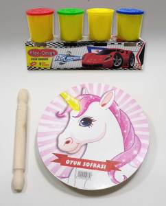 4 Renk Oyun Hamuru Hediyeli Unicorn Model Merdaneli Oyun Sofrası Seti 25cm Sofra-24cm Merdane-4x50gr Sağlıklı Hamurlarla