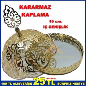 15 Cm. İçi Aynalı Kararmaz Kaplamalı Gold - Altın Renk Metal Şekerlik