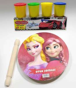 4 Renk Oyun Hamuru Hediyeli Elsa Model Merdaneli Oyun Sofrası Seti 25cm Sofra-24cm Merdane-4x50gr Sağlıklı Hamurlarla