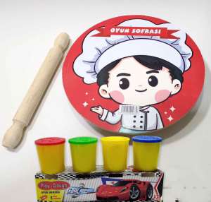 4 Renk Oyun Hamuru Hediyeli Aşçıbaşı Model Merdaneli Oyun Sofrası Seti 25cm Sofra-24cm Merdane-4x50gr Sağlıklı Hamurlarla