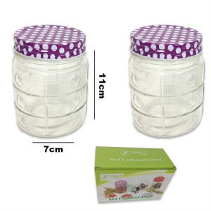 Mor Kapaklı Puantiyeli 2'li Set Cam Kavanoz Şık Tasarım 11x7cm Ebatında Saklama Kabı,Baharatlık