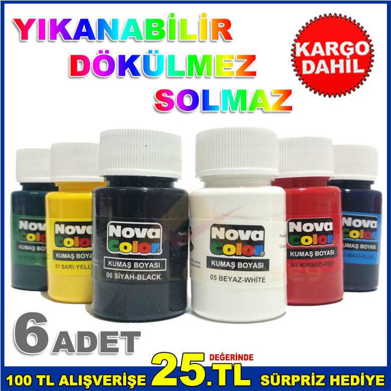 YIKANABİLİR SOLMAZ DÖKÜLMEZ 6 FARKLI RENKTE NOVA KUMAŞ BOYASI-3