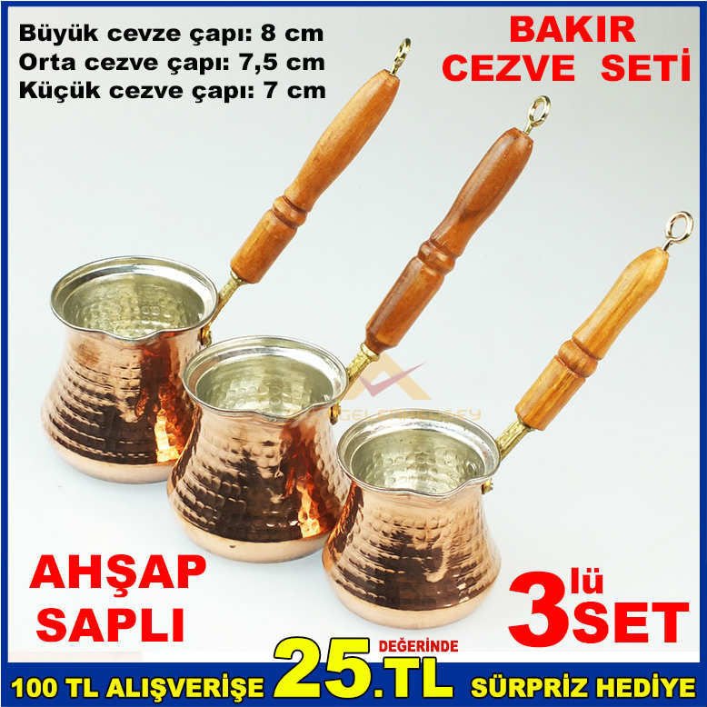 3'lü SET AHŞAP SAPLI BAKIR KAHVE CEZVE TAKIMI -2