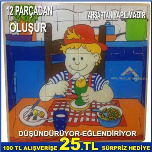 12 PARÇADAN OLUŞAN ÇOCUKLARIN GÜZEL ZAMAN GEÇİREBİLECEĞİ EĞLENCELİ ÇOCUK FİGÜRLÜ AHŞAP PUZZLE