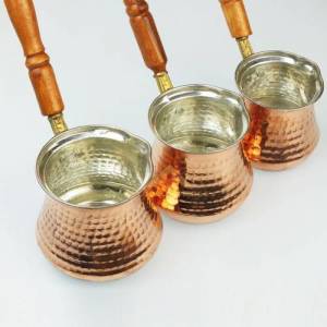 3'lü SET AHŞAP SAPLI BAKIR KAHVE CEZVE TAKIMI
