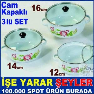 3lü Cam Kapak Saklama Set Desenli Emaye Tencere