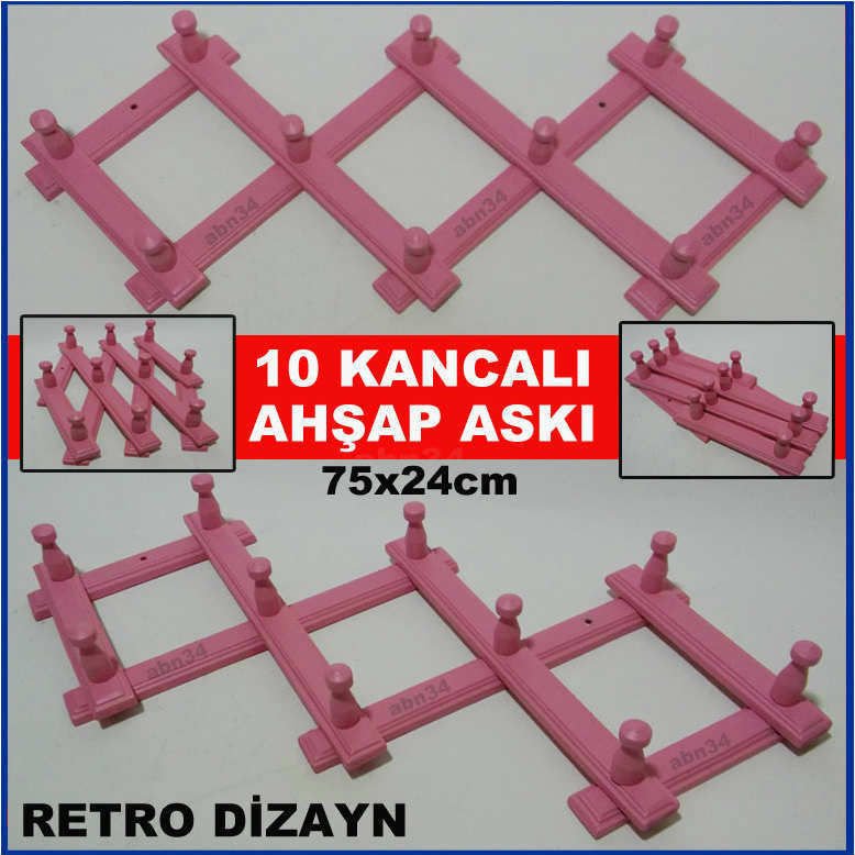 PEMBE RENK KATLANABİLİR RETRO 10 KANCA AHŞAP AKORDEON ASKI,SAĞLAM KANCALI NOSTALJİK DUVAR KAPI ASKI
