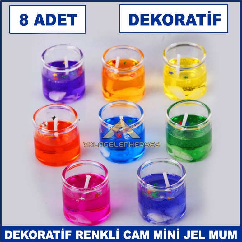 8'li Dekoratif Cam İçi Rengarenk Mini Shot Jel Mum - Dekoratif Mum -Jel Mum