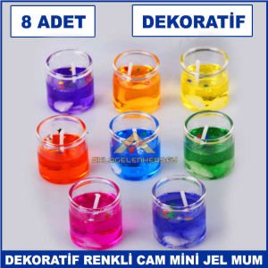 8'li Dekoratif Cam İçi Rengarenk Mini Shot Jel Mum - Dekoratif Mum -Jel Mum