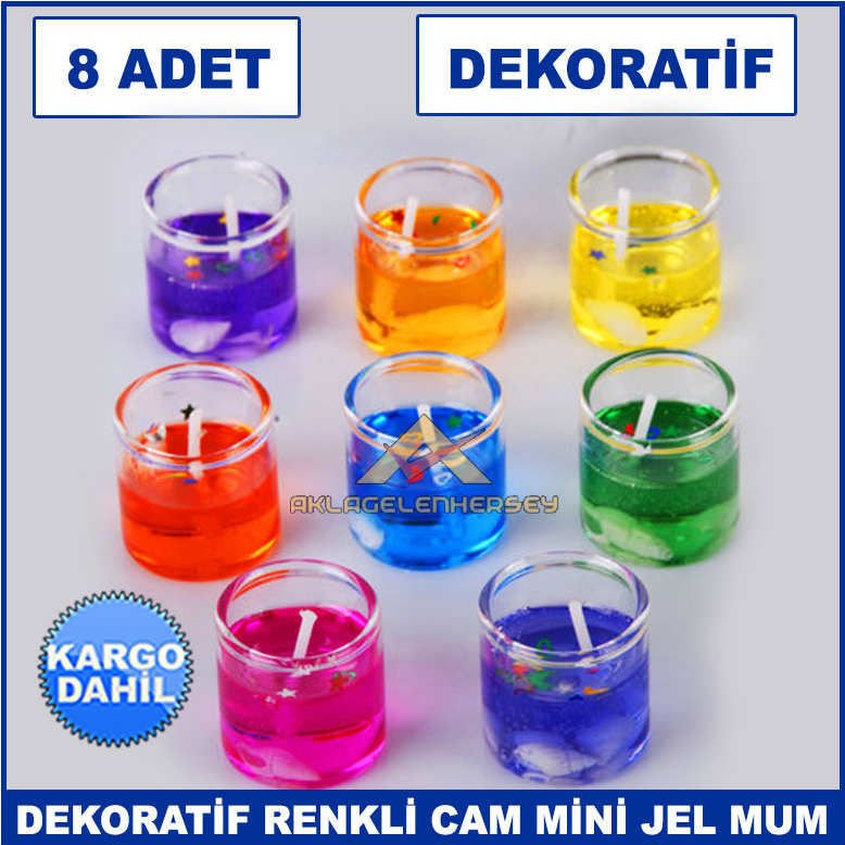 8'li Dekoratif Cam İçi Rengarenk Mini Shot Jel Mum - Dekoratif Mum -Jel Mum