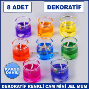 8'li Dekoratif Cam İçi Rengarenk Mini Shot Jel Mum - Dekoratif Mum -Jel Mum