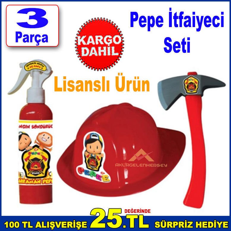 Pepe Lisanslı Ürün İtfaiyeci Seti Eğlenerek Öğreneceği 3 Parça İtfaiye Set Plastik Şapka,Balta,Tüp