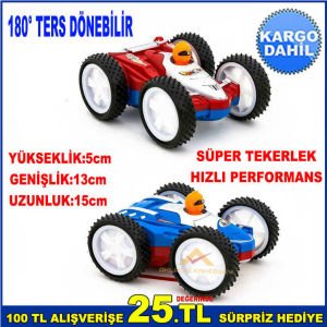 180° AÇIYLA GERİYE TAKLA ATAN AÇMA-KAPAMA DÜĞMELİ ÇİFT TARAFLI MÜZİKLİ OYUNCAK ARABA