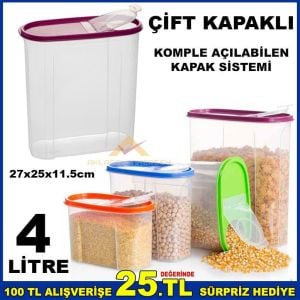 4 Litre Çift Kapaklı Kiler Saklama Erzak Kutusu