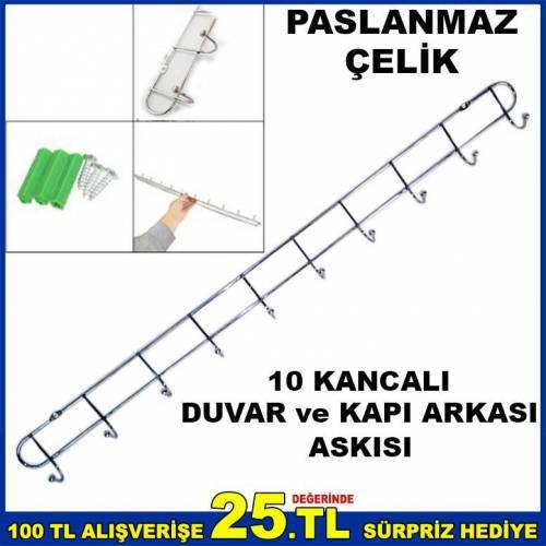 10 Kancalı Paslanmaz Çelik Duvar Ve Kapı Askısı