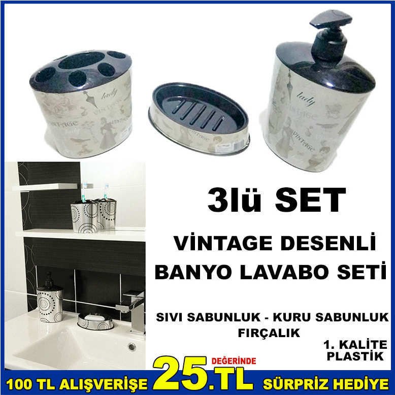 3lü VİNTAGE DESENLİ BANYO LAVABO SABUNLUK SETİ