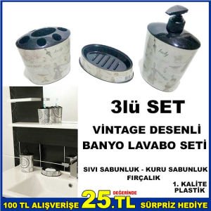 3lü VİNTAGE DESENLİ BANYO LAVABO SABUNLUK SETİ
