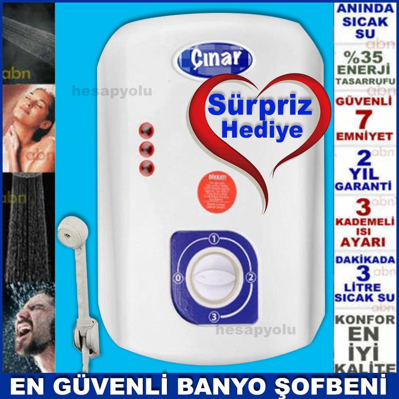 GÜVENLİ 3 KADEME SU ISITICI BANYO ŞOHBENİ 7 EMNİYETLİ ELEKTRİKLİÇınar Şohben 7 Emniyet ile %35 Tasarruflu Elektrik Banyo Şofbeni
