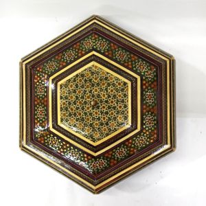 Ahşap Altın Varaklı Kakma Sedef İşlemeli İnce El İşçilikli Altıgen Kutu 25 cm En, 4 cm Boy