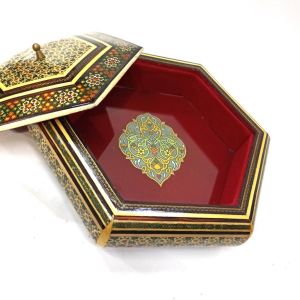Ahşap Altın Varaklı Kakma Sedef İşlemeli İnce El İşçilikli Altıgen Kutu 25 cm En, 4 cm Boy
