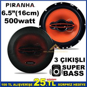 PİRANHA 6540 500 WATT 6.5inç 17cm SUPER BASS 3 YOL OTO HOPARLÖRÜ