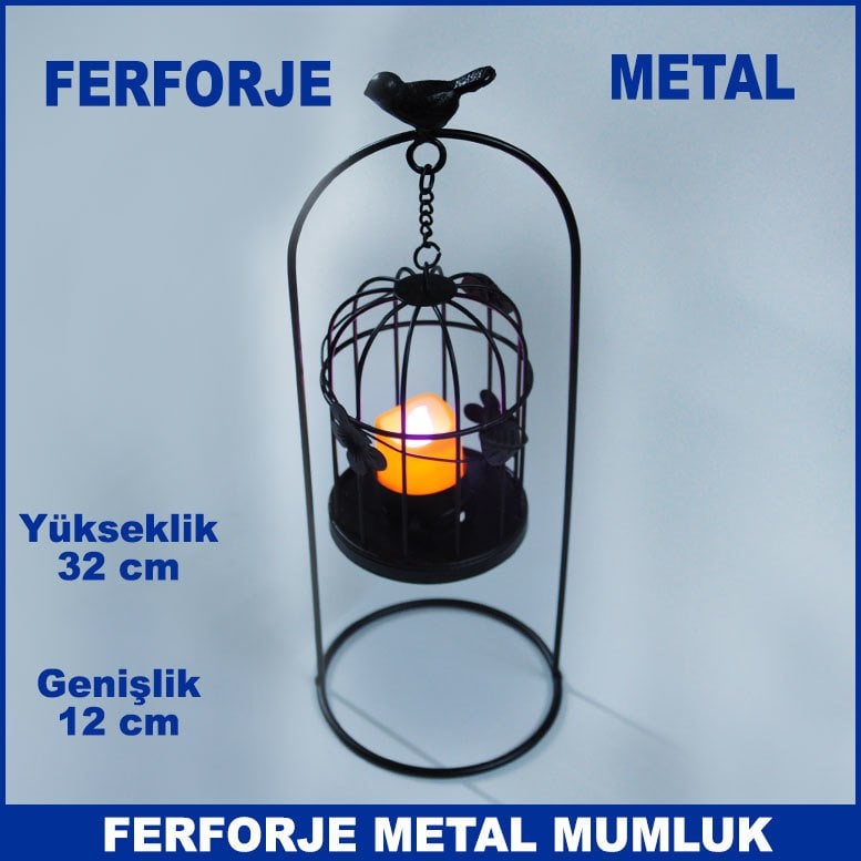 Kuşlu Motifli Ferforje Metal Mumluk - Tea Light Mumluk - Kafes Mumluk - Dekoratif Mumluk - Şamdan