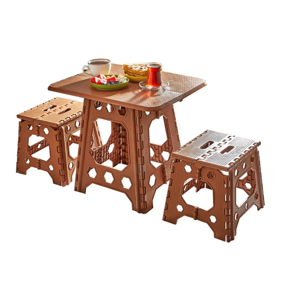 2 Tabure ile Masa 3 Parça Katlanabilir Piknik Seti Masa:h47-2 oturak h28cm Portatif Bahçe Keyif Seti