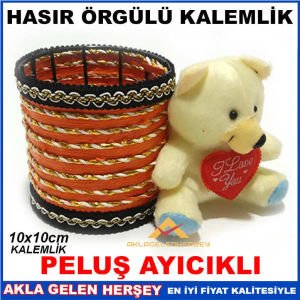 PELUŞ AYICIKLI HASIR ÖRGÜLÜ MASA ÜSTÜ KALEMLİK-3