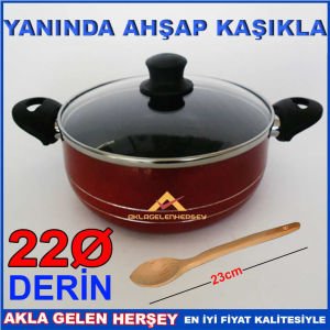 Cam kapaklı 3 kat teflon kaplama en sağlıklı tencere AHŞAP KAŞIK HEDİYELİ DERİN 22cm TEFLON TENCERE