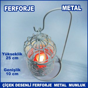 Çiçek Desenli Ayaklı Ferforje Metal Kafes Mumluk - Tea Light Mumluk - Dekoratif Mumluk 25x10 cm