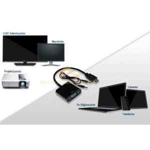 Hdmi to Vga Çevirici Dönüştürücü Adaptör Kablosu Görüntü Laptop Monitöre Projeksiyon Tv Çevirici