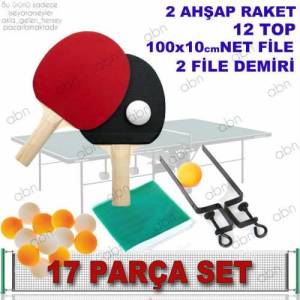 Masa Tenisi Seti Fileli-Demirli-Ahşap Raketli-12 Adet Pinpon Topu Hediyeli 17 Parça Pinpon Seti