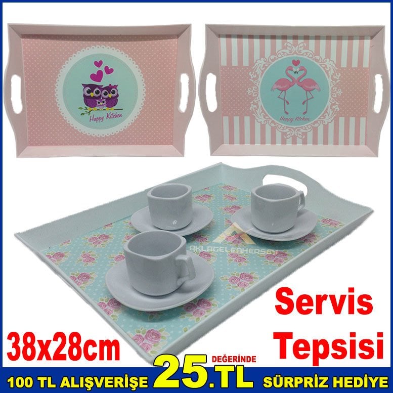 Desenli Dikdörtgen Servis Tepsisi 38x28cm Ebatında Tepsi Şık Tasarım Plastik Sunum Tepsisi