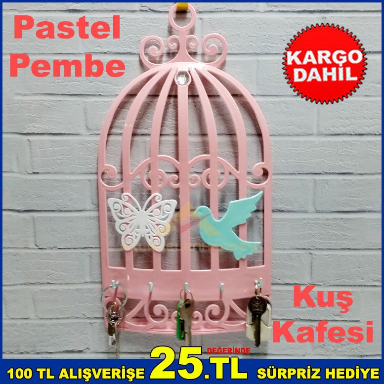 Kuş Kafesi Duvara Asılan Pudra Pembe Anahtarlık Kelebek ve Kuş Desenli Şık Dekoratif Anahtar Askısı
