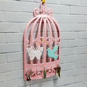 Kuş Kafesi Duvara Asılan Pudra Pembe Anahtarlık Kelebek ve Kuş Desenli Şık Dekoratif Anahtar Askısı
