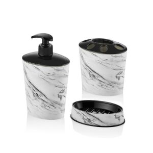 Beyaz Mermer Desen 3 Parça Banyo Lavabo Seti Diş Fırçalık Sıvı+Katı Sabunluk Kırılmaz Özel Plastik