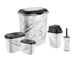 Beyaz Mermer Desen 5 Parça Banyo Çamaşır Seti Kirli Sepeti+Deterjan,Calgonluk Wc Fırçası Çöp Kovası