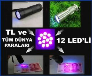 Alüminyum Gövde Cepte Taşınabilir Ultraviole 12 Led Mor Işık %100 Güvenli Sahte Para Kontrol Feneri