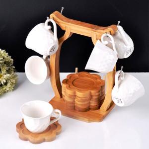 Bambu Standlı Askılı Dekoratif Porselen Kahve Fincanı Takımı 6'lı