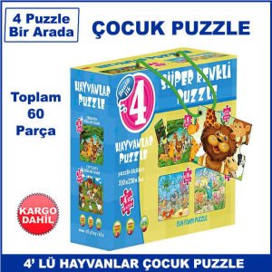 4 Puzzle Bir Arada Toplam 60 Parça Hayvanlar Puzzle Zeka Gelişimine Yardımcı Orjinal Çocuk Puzzle