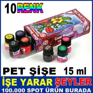 CAM BOYAMA SANATI İÇİN SETİ 10 FARKLI KARIŞIK RENK BOYA SET SÜDOR 10lu SETİ 15ml PET ŞİŞE-2