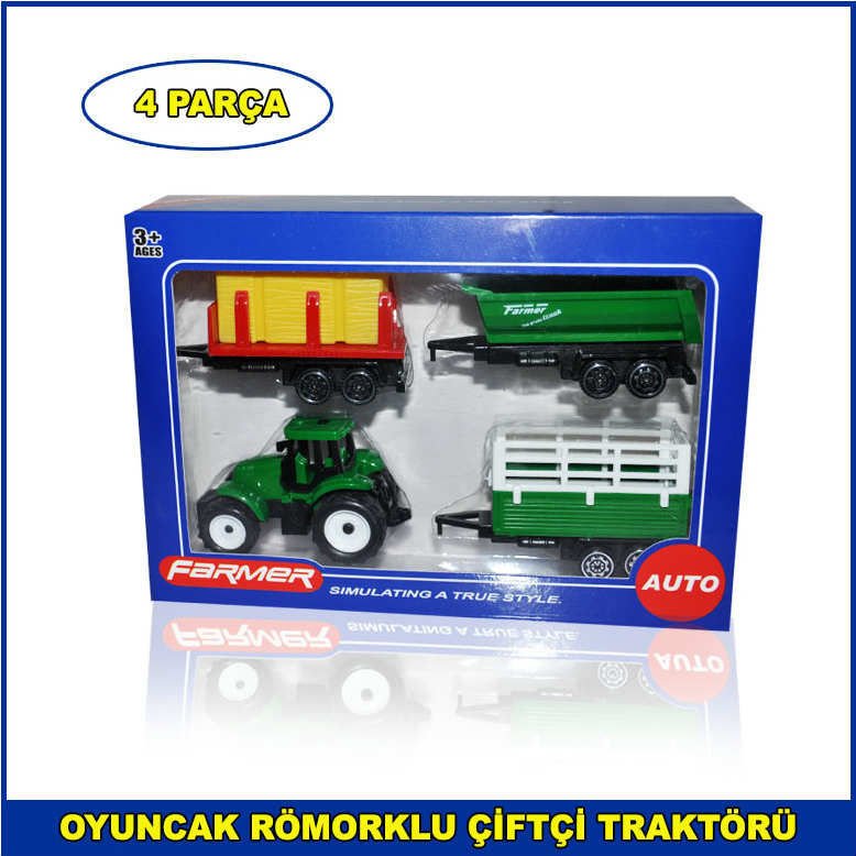4 Parça Oyuncak Römorklu Çiftçi Traktörü - Set Oyuncak Traktör