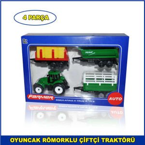 4 Parça Oyuncak Römorklu Çiftçi Traktörü - Set Oyuncak Traktör