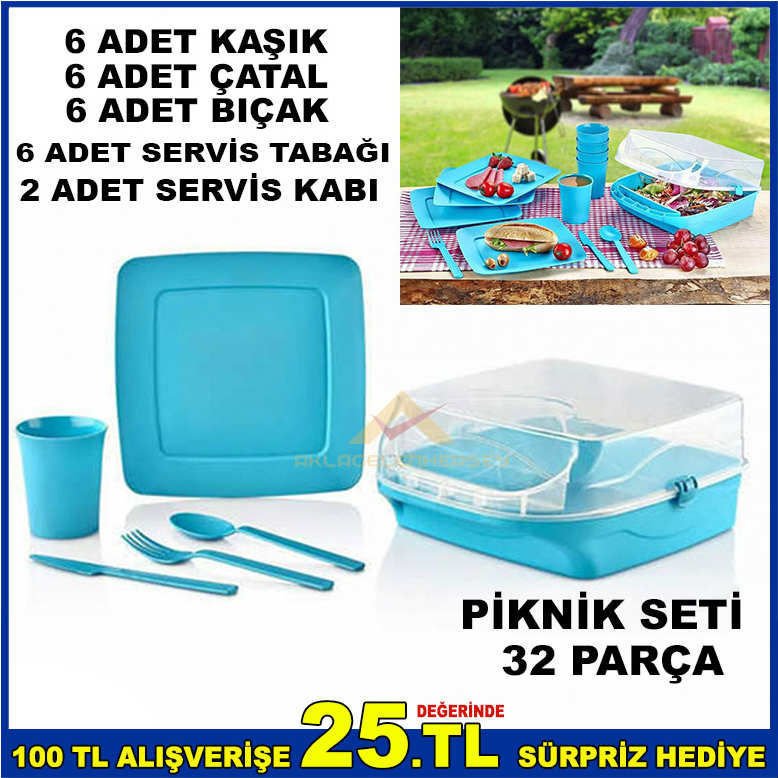 GOLDEX ÖZEL TAŞIMA ÇANTALI 32 PARÇA LÜKS PİKNİK SETİ TÜM TABAKLAR-ÇATAL KAŞIKLARLA 6 KİŞİLİK TAM SET
