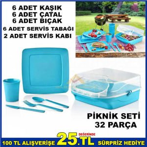 GOLDEX ÖZEL TAŞIMA ÇANTALI 32 PARÇA LÜKS PİKNİK SETİ TÜM TABAKLAR-ÇATAL KAŞIKLARLA 6 KİŞİLİK TAM SET